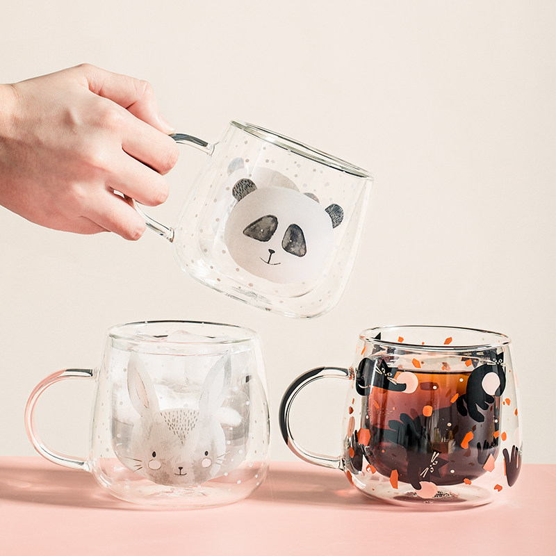 西比尔可爱双层玻璃杯隔热茶x杯带手柄家用办公水杯早餐杯咖啡杯