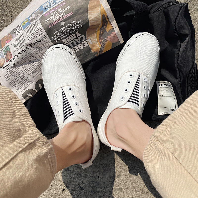 春季不系带帆布鞋男韩版百搭x套脚小白鞋男透气穿草鞋一脚蹬懒人