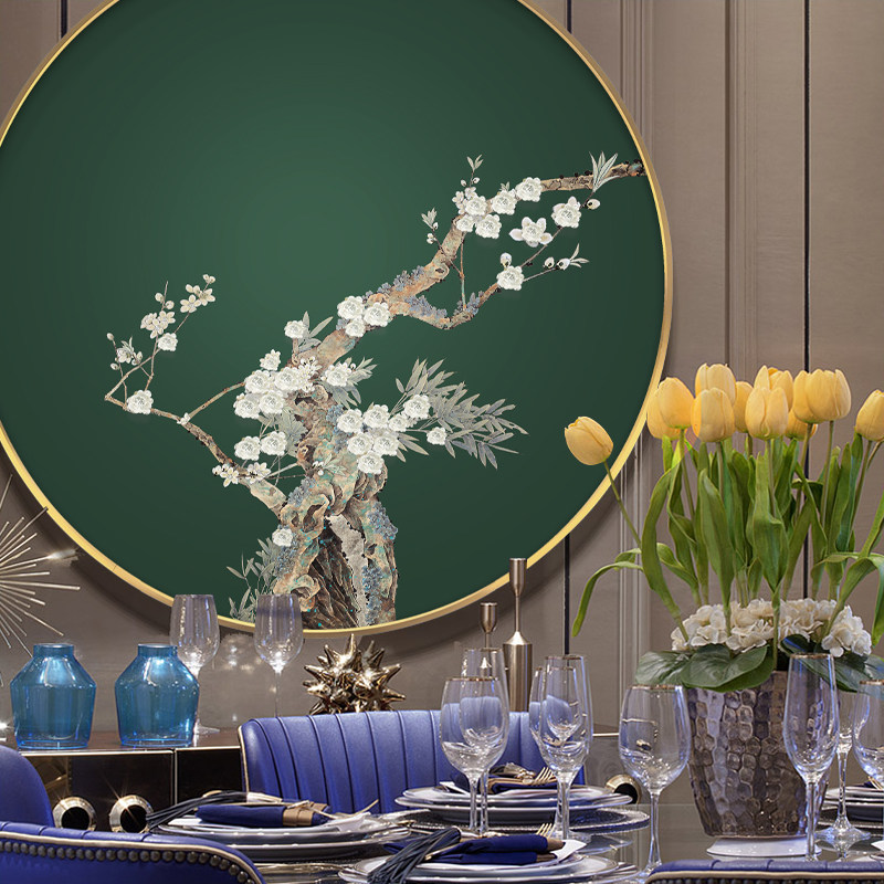 新中式圆形装饰画客厅玄关沙发背景墙桃花挂画样板房轻奢立体壁画