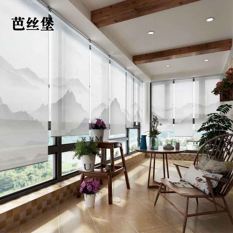 新中式卷帘窗帘升降软帘子隔断屏风拉帘遮光透明挂式办公室山水画
