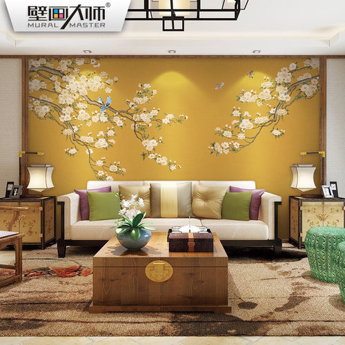 繁花似锦 新中无壁画壁纸 式纺布墙纸装饰客厅景视背电墙中式墙布