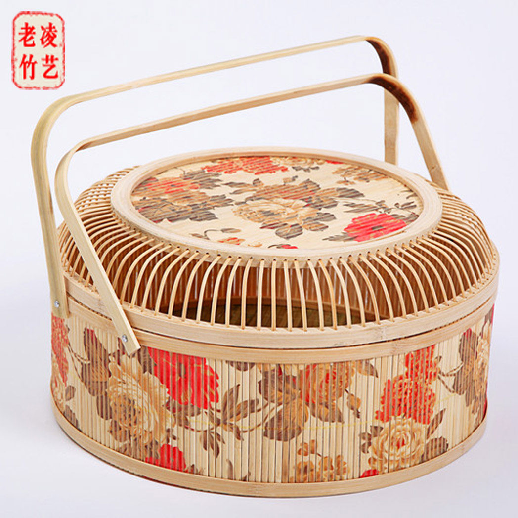 复古仿古传统礼品篮印花竹篮子腌腊熟食竹月中秋篮饼酒店送礼包装