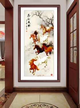马到成功挂画办公室背景墙壁画客厅玄关装饰画八骏图八匹骏马图