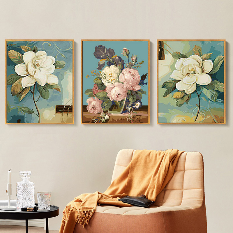 diy数字油画三联手绘花卉客厅餐厅家居装饰画手工填色 富贵牡丹花