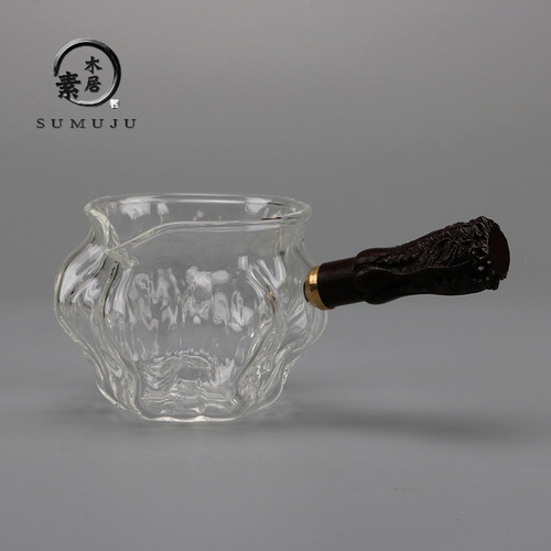 分茶器耐热核桃纹黑檀侧把玻璃公道杯高硼硅功夫茶具茶海公杯