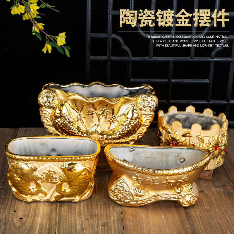 土豪金金色陶瓷花盆客厅办公鲜花干花发财树花盆