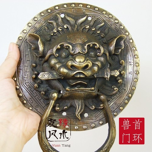 纯铜兽头门环拉手 仿古狮头睚眦狮咬剑大门 鎮宅化复古门把手