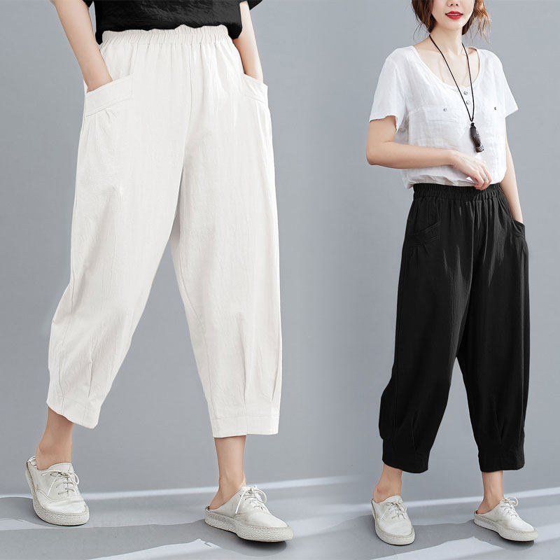 棉麻哈伦裤女2020年夏季新款大码女裤显瘦百搭宽松休闲七分萝卜裤