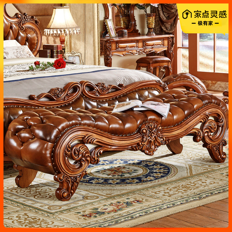 欧式床尾凳 美式头层牛皮实木雕E花主卧换鞋凳床榻床边沙发长凳