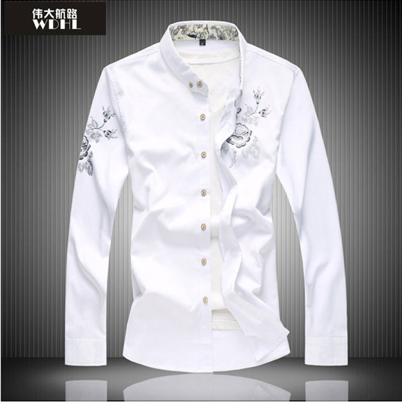 春季男士长袖衬衫青年加肥加大码印花衬衣商务P休闲宽松寸衣胖子