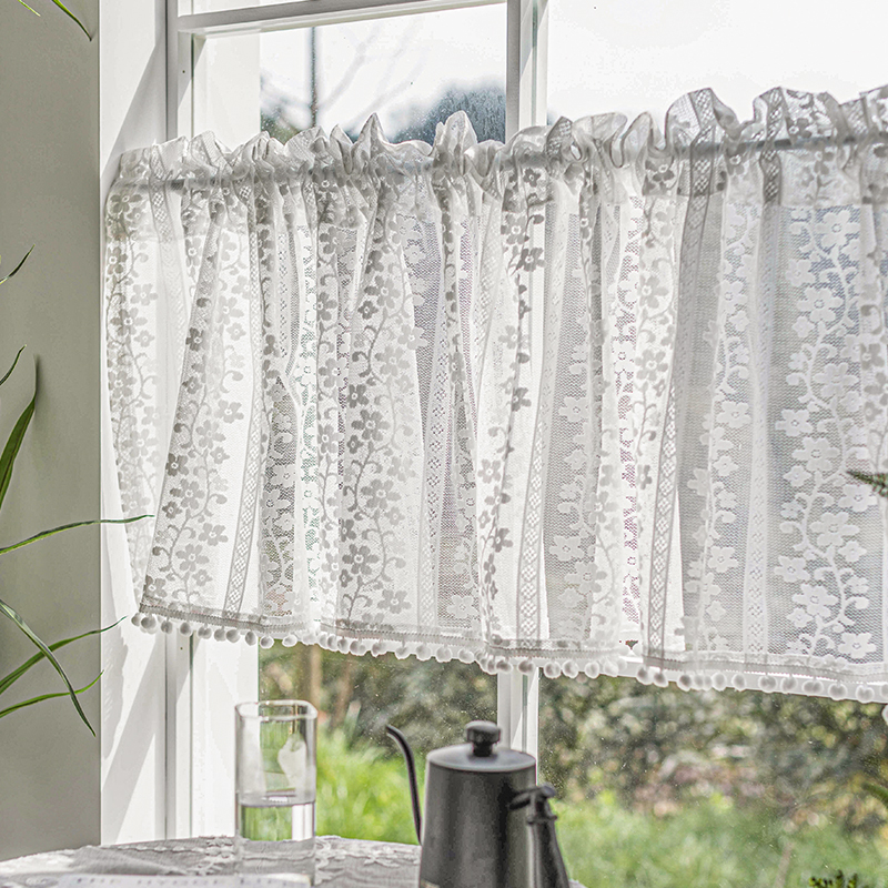 厨房短帘美式纱帘半帘飘窗窗帘遮挡帘门帘小窗户魔术贴免打孔纱帘