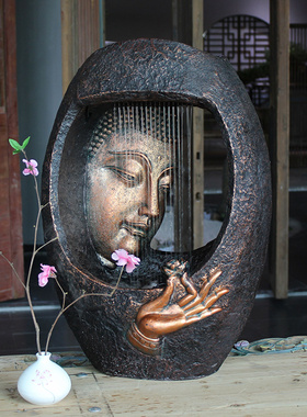 佛像流水摆件客厅落地式喷泉加湿器禅意风水招财水景家装饰品大型