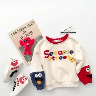 秋款宝宝儿童小童拼色不对称卡通卫衣男女童休闲个性上衣