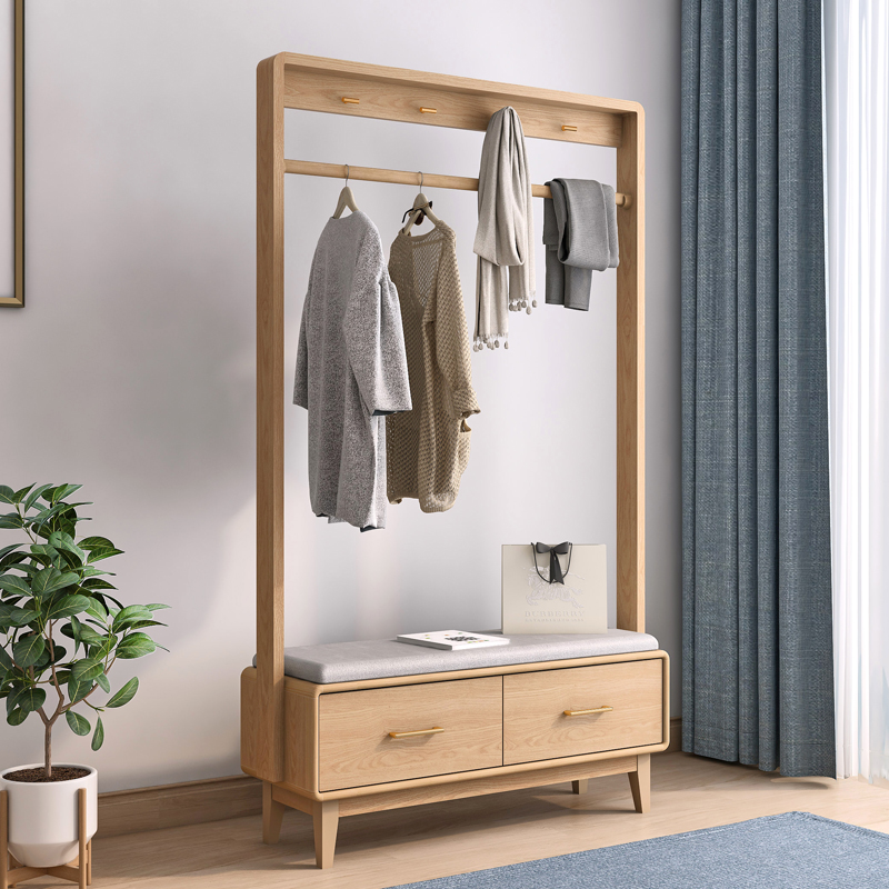 北欧简约家用客厅落地卧室挂衣架换鞋凳置物穿鞋T凳实木一体衣帽