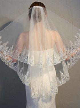 新娘头纱2d020新款韩式闪亮花边蕾丝边结婚婚纱头纱短旅拍超仙遮