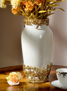 优选欧式法式黄色陶瓷配铜客x厅玄关创意花瓶摆件奢华别墅会所花