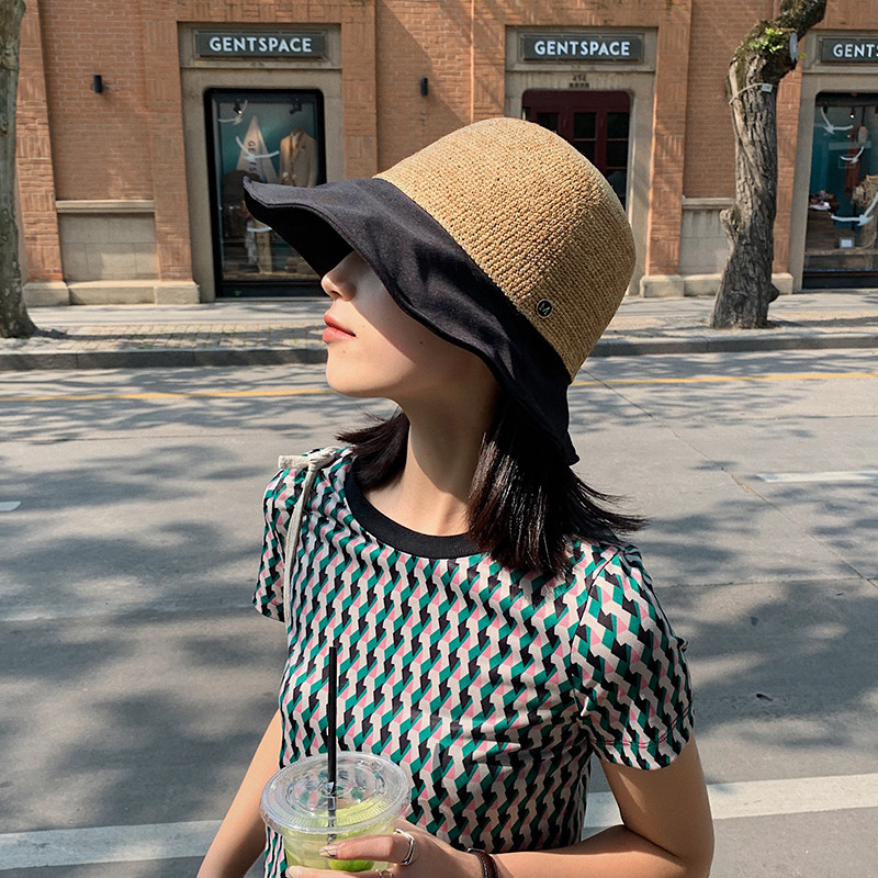 潮牌帽子女夏季日系时尚百搭遮阳帽拼接防晒渔夫帽小清新宽檐盆帽