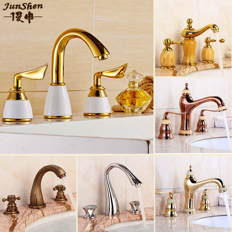 全铜仿古水龙头面盆复古冷热欧式金色抽拉伸缩洗头水龙头三孔分体