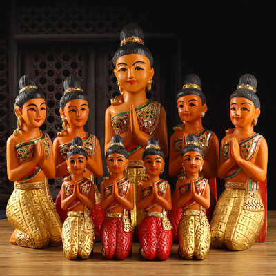 泰国迎宾跪佛摆件木雕人偶侍女门童前台店面桌面摆设东南亚工艺品