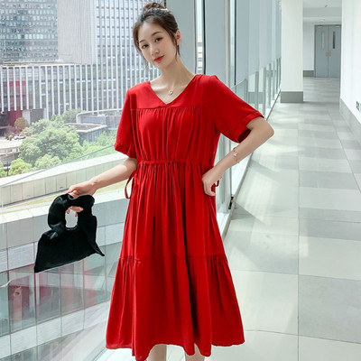 孕妇夏装孕后期宽松显瘦长裙时尚红色小个子潮妈裙夏季大码连衣裙
