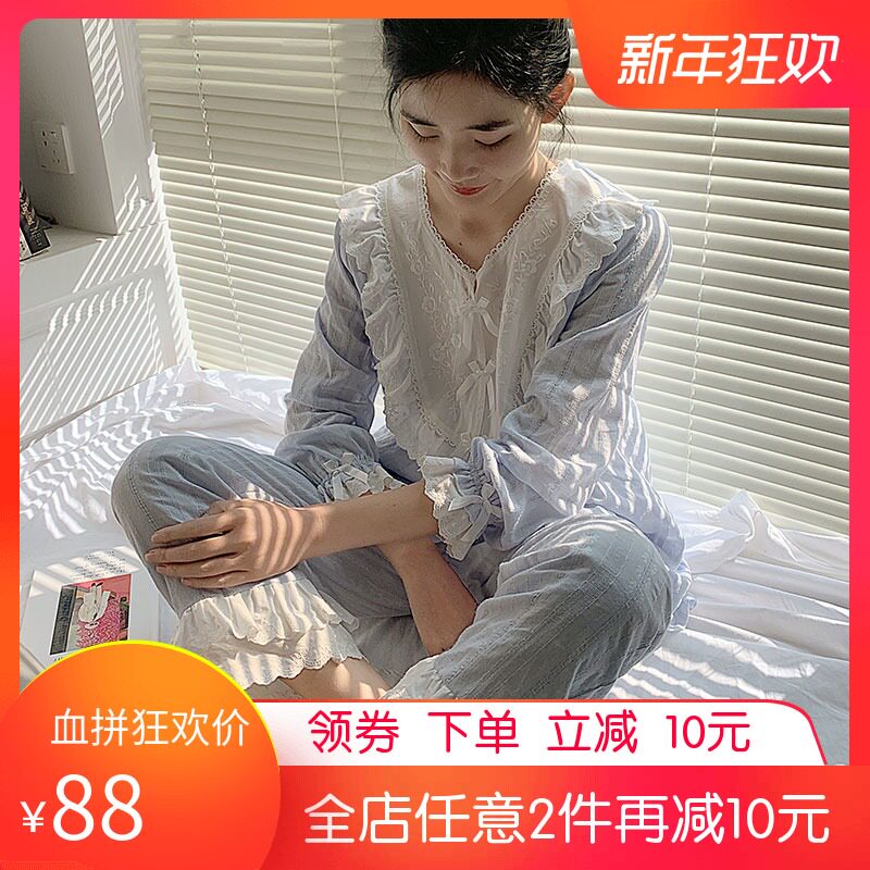 仙女睡衣女秋蕾丝长袖韩版甜美可爱公主风宫廷家居服套装女夏