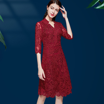 婚礼妈妈装年轻喜婆婆婚礼服高贵岳母婚宴装新娘母亲红Z色连衣裙