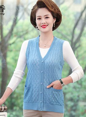 中老年春夏装马甲背心女坎肩妈妈针织开衫外套网纱镂空薄马夹毛衣