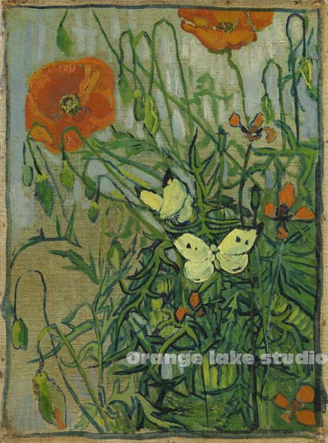 梵高 蝴蝶与罂粟花 竖款 厚布画芯 油画名画 客厅餐厅书房装饰画图片