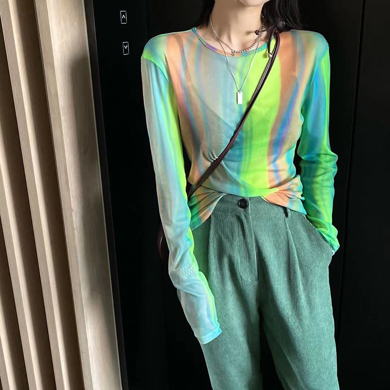 速发小众2计感渐变色网纱打底长衫袖设021春季新款防晒衫潮