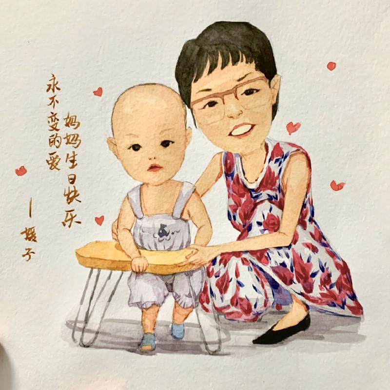全家福水彩卡通设计信头像微版孩子情侣照描素片定制手绘漫人真画