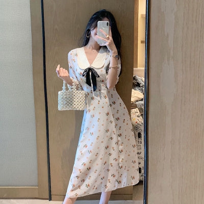 仙女裙v领雪g纺连衣裙森女法式长裙碎花连衣裙女夏2020新款长裙.