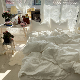多功能床盖夏被 韩式 公主风纯棉夹棉床上四件套 白色床单被套 四季