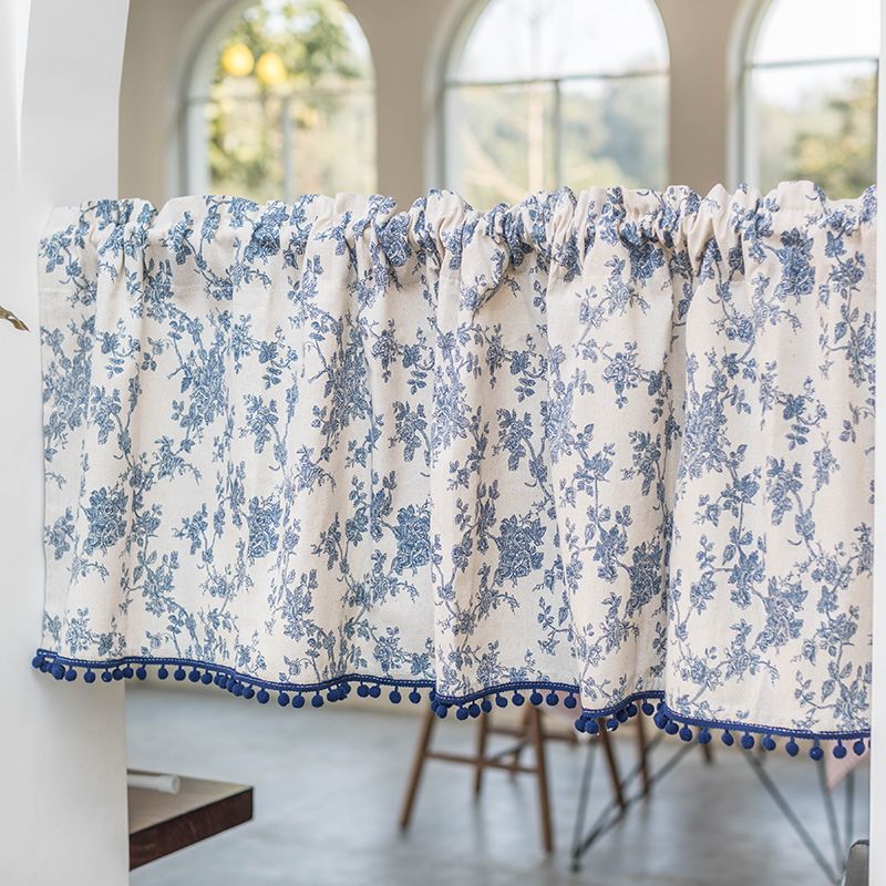 美式乡村多用小窗帘门帘橱柜帘复古田园短帘半帘咖啡帘蓝色青花瓷