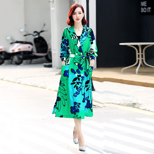女士风衣秋季薄款2021春装新品时尚大气长袖双排扣中长款印花外套