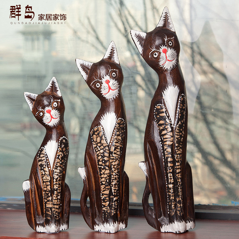 包邮印尼进口木雕可爱猫咪摆件东南亚家居装饰创意礼品客厅电视柜