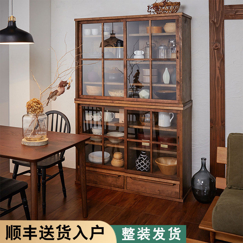 日式实木碗柜厨房矮柜黑胡桃色儿童书柜收纳柜客厅储物柜茶水柜