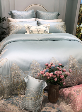 速发0式21法支埃及长绒棉蕾丝四件套欧式奢华蓝色样板房1.8m