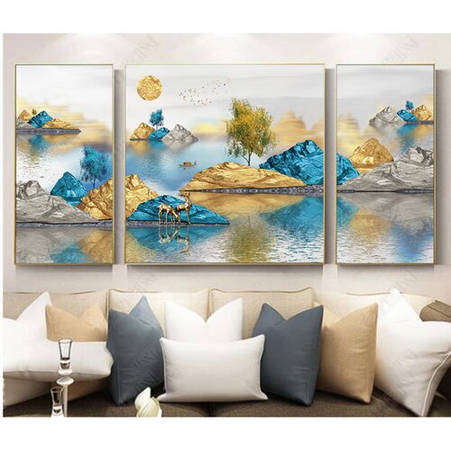 三联招财麋鹿新中式客厅金色装饰画现代简约轻奢大气自粘壁画