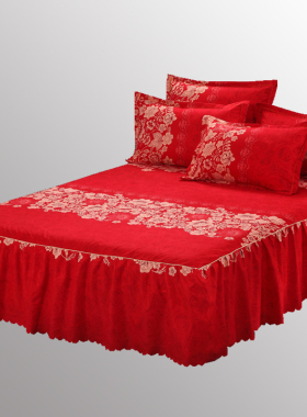 新品结婚庆大红色单件床裙床笠夏季床罩床单1.5Mm1.8m2米三四件套