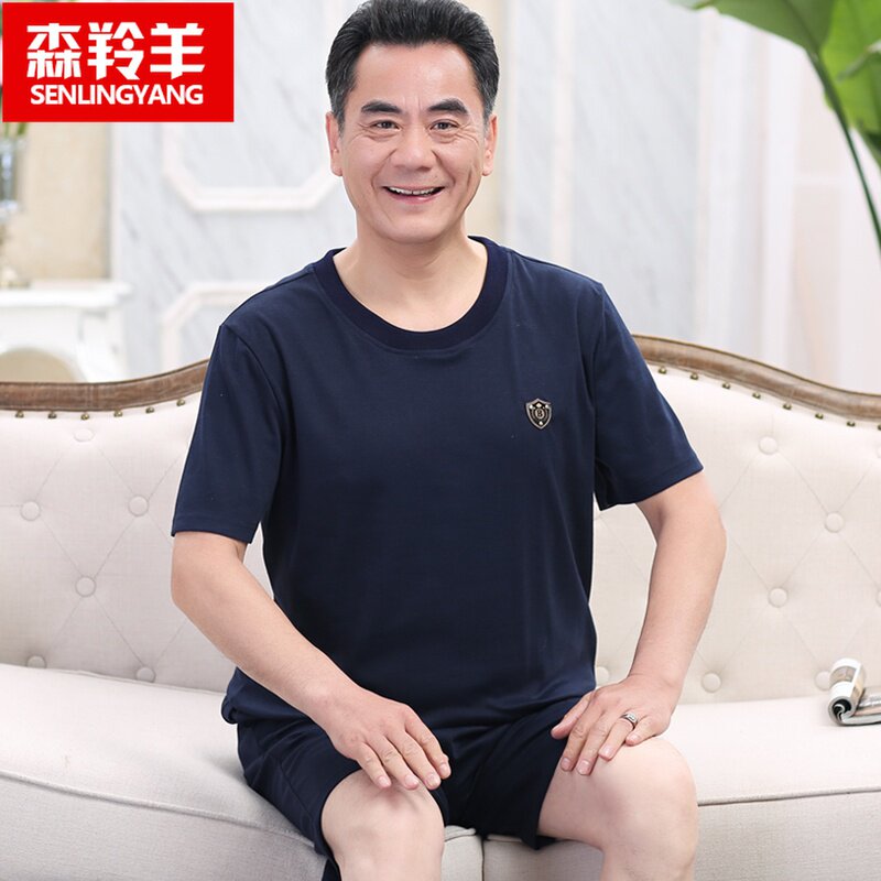 中老年人爸爸睡衣男m夏季纯棉短袖中年男士夏天加大码薄款老人套