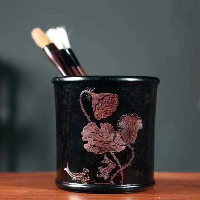 非洲紫檀b木雕笔筒仿古红木中式古典办公桌面书房木质画筒工艺摆