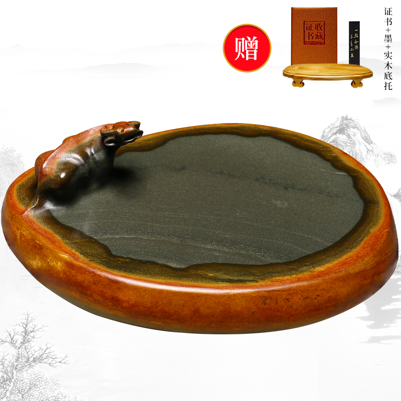中国歙砚高档文房四宝端砚天然y原石耕耘砚台实用礼品收藏手工雕