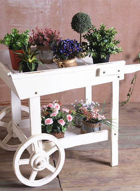 美式乡村花园园艺多肉花架 做旧手推车花房花车 实木橱窗花架摆件