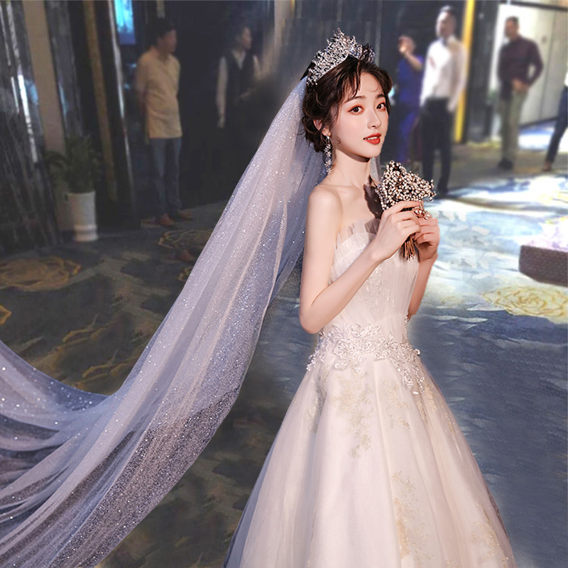 极速头纱新娘主婚纱头饰超仙森系亮片超J长拖尾结婚拍照道具香槟