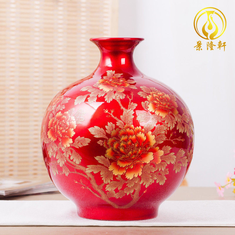 速发水晶釉陶瓷器落地花瓶摆件中国红色景德镇婚厅插结新中式花客