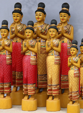 新品泰国迎c宾雕塑人偶装饰品落地佛像木雕工艺品摆设餐厅侍女迎