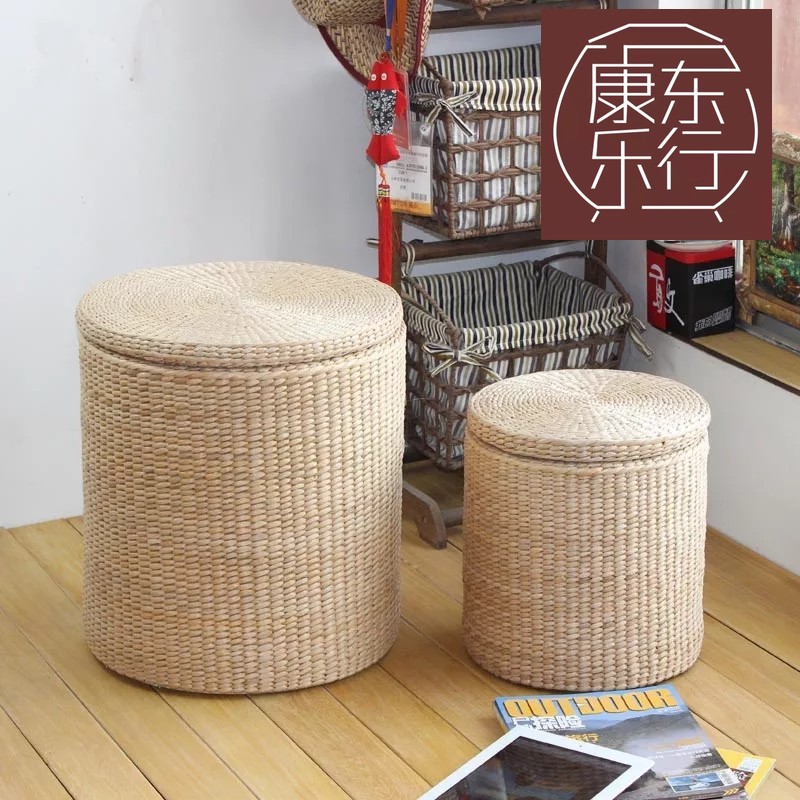蒲草新款草编换鞋凳储物凳子可坐人有G盖整理收纳箱沙发凳搁脚凳