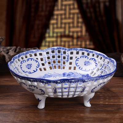 速发果瓷水陶盘家用客厅茶几中式创意简约青空瓷镂花供佛干果盘盆