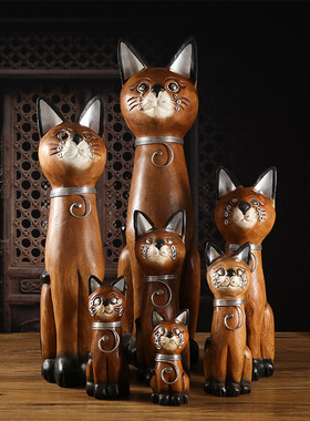 速发泰国实木面财猫摆件木质工艺品创意客厅装饰品东南亚小猫桌招