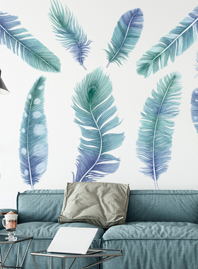 速发墙贴蓝色羽毛文艺客厅卧室沙饰发头墙贴纸画自粘玻璃房门装床